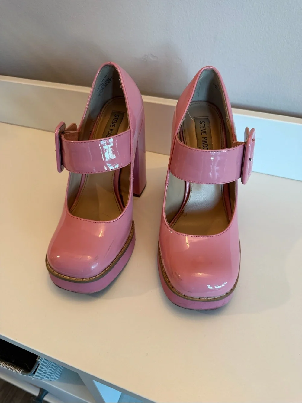 Steve Madden Pink Patent Leather Mary Jane Platform Heels Chunky Block Heel